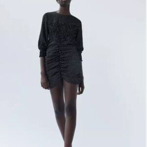 Zara dress ruched MICRO DOT MINI DRESS BLACK / WHITE (size S)